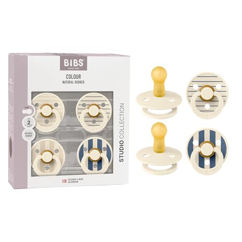 BIBS Colour Pacifier, 6-18 Months, 4-Pack, Round Nipple, Ivory | Round Natural Rubber Nipple | Size 2 | BPA-Free | Made in Denmark | High Nipple Acceptance | Airflow Holes | Comfort Shield