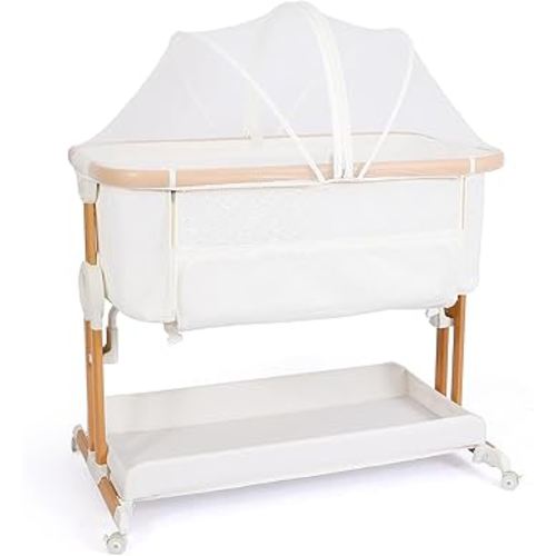 Baby Bassinet Bedside Sleeper 2 in 1 with Wheels, Breathable All Mesh with Mattress, Incline Option, 5 Adjustable Heights for Newborn to 6 Months Infant