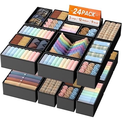 Drawer Organizer Clothes, 24 Pack Drawer Organizers and Underwear Organizer for Nursery, Dividers Clothes Organizer, Closet Organization and Foldable Storage Bins for Sock, Bra, Tie, Black