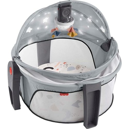 Fisher-Price Portable Baby Bassinet and Play Space Deluxe On-the-Go Projection Dome with Lights Music and Canopy, Paper Shapes - Gray