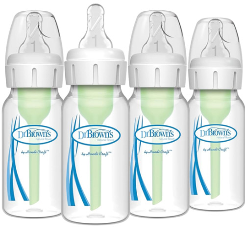 Dr. Brown's Natural Flow Anti-Colic Options+ Narrow Baby Bottle, 4 oz/120 mL, with Level 1 Slow Flow Nipple, 0m+, 4 Bottles