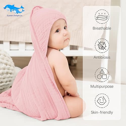 SWEET DOLPHIN Muslin Hooded Baby Bath Towels - 2 Pack 100% Cotton Towel for Babies, Infants, Toddlers - 32x32Inch - Highly Absorbent and Newborn Essential, Pink