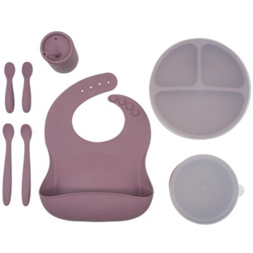 WeeSprout Baby Led Weaning Bundle, Silicone Suction Bowl, Spoons, Bib & Cup, Develops Self Feeding Skills, Dishwasher Safe, Color: Purple