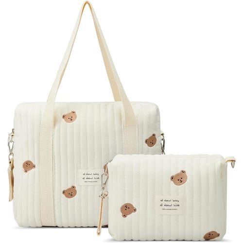 Paterr 2pcs Quilted Diaper Bag Tote Set Multifunction Cotton Maternity Hospital Bag Overnight Travel Handbag for Women Nurse
