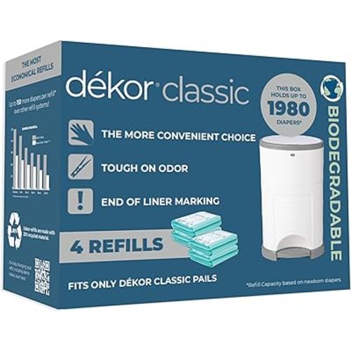 Diaper Dekor Classic Diaper Pail Biodegradable Refills | 4 Count | Most Economical Refill System | Quick & Easy to Replace | No Preset Bag Size Use Only What You Need | Exclusive End-of-Liner Marking