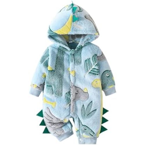Baby Boys Dinosaur Outfit Fleece Bodysuit Infant One Piece Hooded Button Romper Outerwear Jumpsuit Toddler Jackets