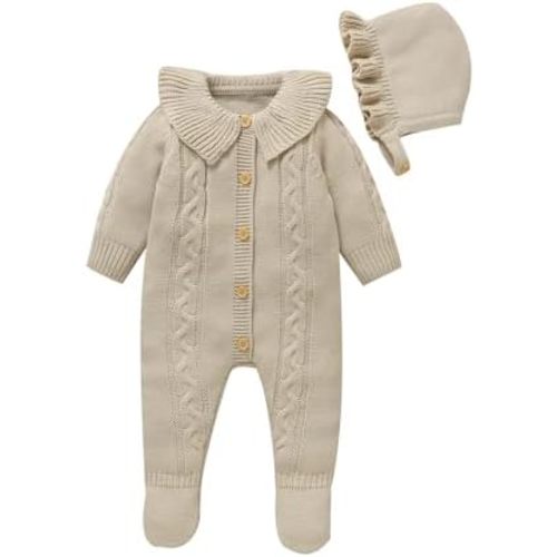 Hadetoto Newborn Baby Sweater Romper Knit Outfits Long Sleeve Jumpsuit with Warm Hat for Infant Boy Girl