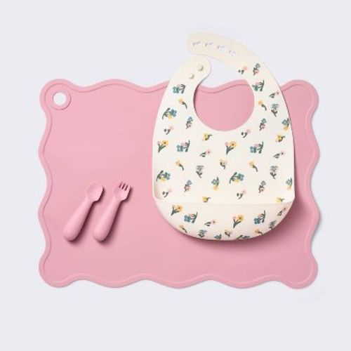 Silicone Bib And Utensil Feeding Set - 4pc - Pink - Cloud Island™