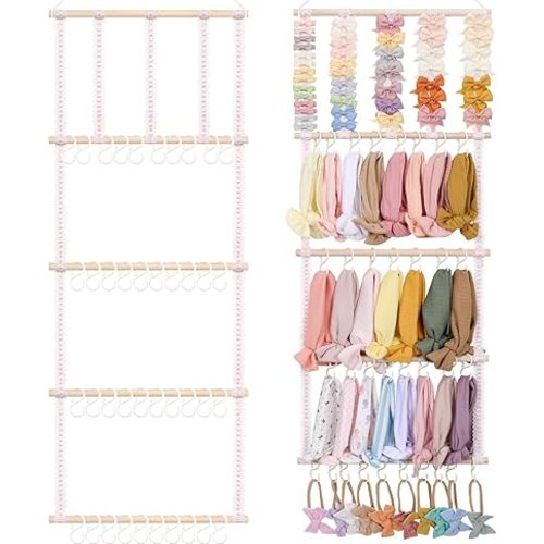 POVETIRE Headband Holder Hair Bows Organizer for Girls, Baby Headbands Hair Accessories Organizer Storage Wall Hanging Decor for Toddler Girls Room (Pink ribbon - 4 Tier)