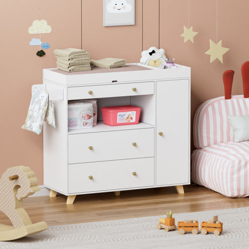 Isabelle & Max™ Albiery Changing Table Dresser, Asymmetrical 3 Drawer / 1 Door Dresser | Wayfair