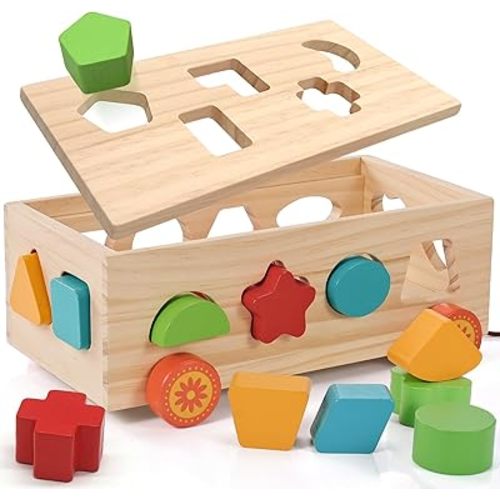 Shape Sorter - Montessori Wooden Learning Shapes Toy with 17 Shape Blocks - Early Education and Sensory Development Storage Pull Car for Toddlers