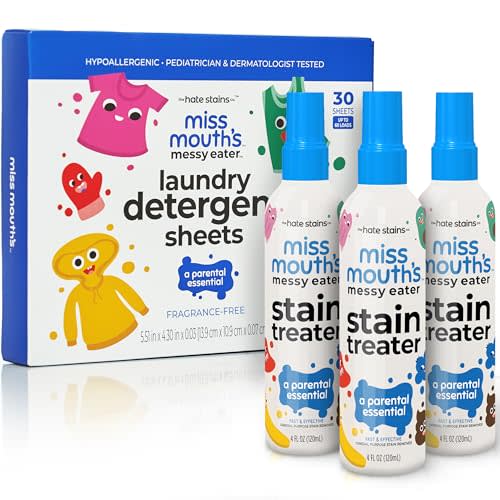 Miss Mouth’s Messy Eater Stain Treater Stain & Suds Duo Pack - 3 Pack Spray and 30 Pack Detergent Sheet bundle - Newborn & Baby Essentials - Food, Grease, Coffee Off Laundry, Underwear, Fabric
