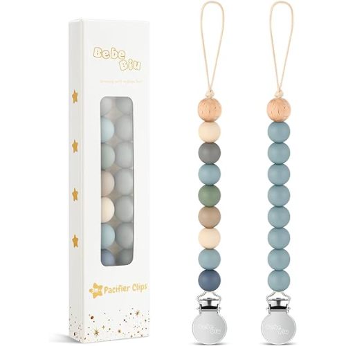 BebeBiu 2 Pack Pacifier Clips, Silicone Pacifier Clip for Baby Boys and Girls, Baby Pacifier Strap with Silicone Beads, Pacifier Holder, Keeps Pacifier Clean (Wilderness/Ether)
