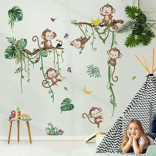 decalmile Jungle Monkey Climbing Tree Wall Decals Jungle Animals Vine Leaves Wall Stickers Baby Nursery Kids Room Living Room Wall Decor