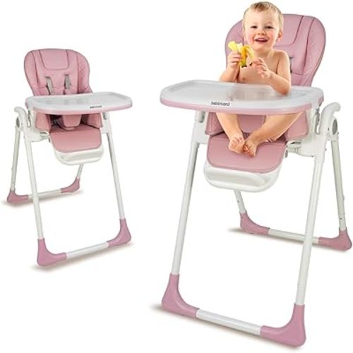 Baby High Chair, High Chairs for Babies and Toddlers, Adjustable, Foldable and Portable High Chair, Removable PU Leather and Tray for Easy Clean, Travel Feeding Chair, Pink