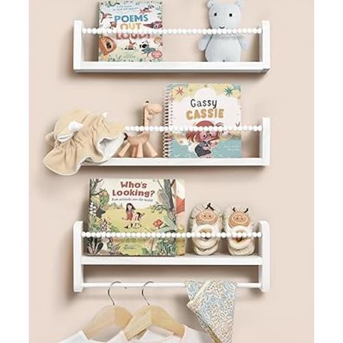 Mazjoaru Nursery Book Shelves for Wall Set of 3, White Natural Wood Bookshelf Wall Decor, Small Floating Shelf Organizer for Kids Room, Bedroom, Kitchen Spice Rack