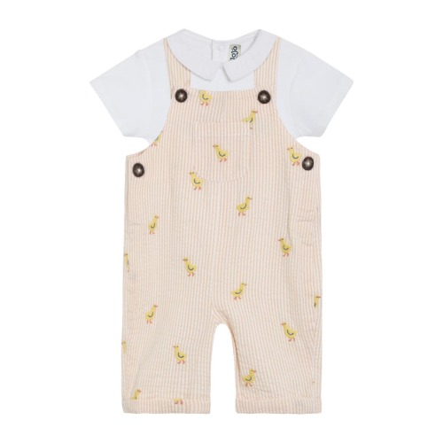 Cotton Bodysuit & Chick Embroidered Seersucker Overalls Set