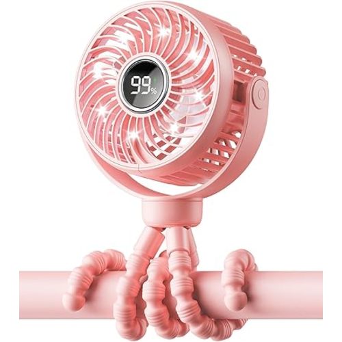 Mini Portable Stroller Fan for Travel,360° Rotation,4-Speed LED Night Light Clip on Fans Operated by Rechargeable Battery, Cordless Fan with Tripod Car Seat Baby Pram (Pink)