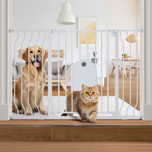 Pet Gate with Cat Door, Pressure Mount, Safety Gate Gift,White,30" Tall and Adjustable 29.5-48.4" Wide