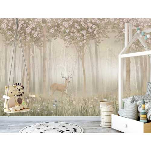 Deer Wild Animal Wallpaper, Flower Forest Peel and Stick Wallpaper, Woodland Forest Child Room Wallpaper, Cute Deer Wall Mural