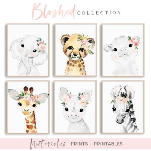 Printable Wall Art, Boho Nursery Decor for Baby Girl, Baby Animal Paintings with Blush Pink Flowers ,Set of 6 Nursery Wall Art Printables