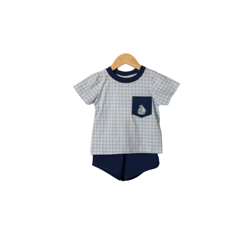 French Knot Sailboat Blue Gingham Short Set