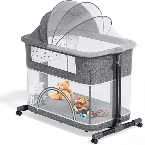 Ixdregan 3 in 1 Baby Bassinet - Baby Bedside Bassinet with Wheels and Mosquito Net, Included Storage Bag & Adjustable Height, Upgrade Thickened Cushion Baby Bedside Crib for Newborn Infant (Grey)