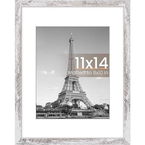 upsimples 11x14 Picture Frame, Display Pictures 8x10 with Mat or 11x14 Without Mat, Wall Hanging Photo Frame, Rustic White, 1 Pack