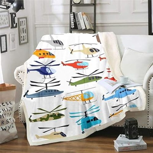 Airplane Sherpa Blanket Throw 50"x60" Aircraft Helicopter Blanket Throw For Kids Boys Teens Young Man Cartoon Airplanes Fleece Blanket Aviation Theme Fuzzy Blanket Bedroom Sofa Decor White
