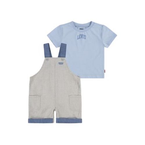 Baby Boys Gingham Printed Shortall and Graphic T-Shirt Set