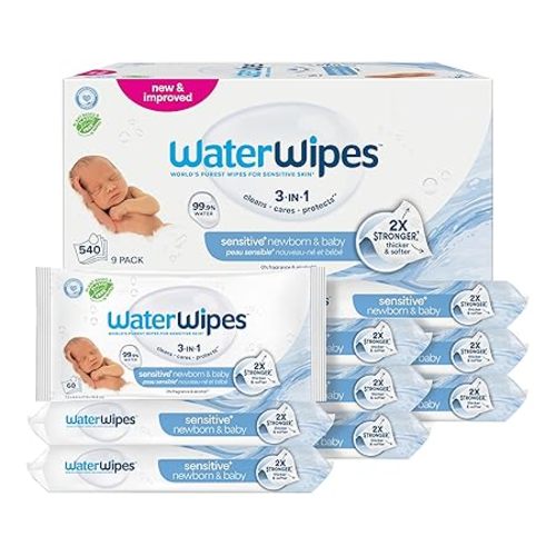 WaterWipes Sensitive+ Newborn & Baby Wipes, 3-In-1 Cleans, Cares, Protects, 99.9% Water, Unscented & Hypoallergenic, 540 Count (9 Packs)