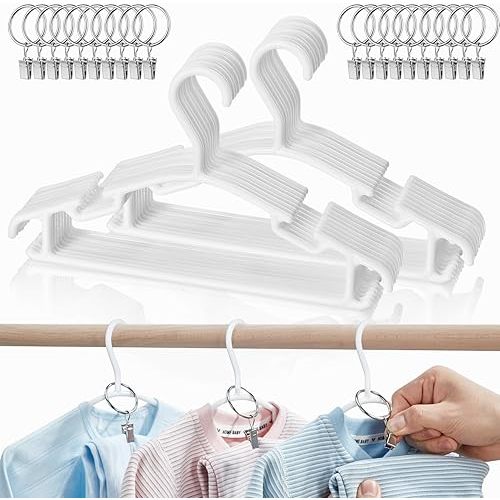 Baby Hangers with Metal Ring Clips, Children Plastic Hanger for Kids Pants Clothes Closet, 20 Pack, White