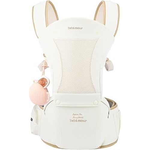Bebamour Baby Carrier with Hip Seat,All-Position Breathable Mesh Hip Seat & Carrier 0-36Months with Head Hood, 3 PCS Teething Pads, Waist Extender,Storage Bag & Pacifier Case(Khaki)