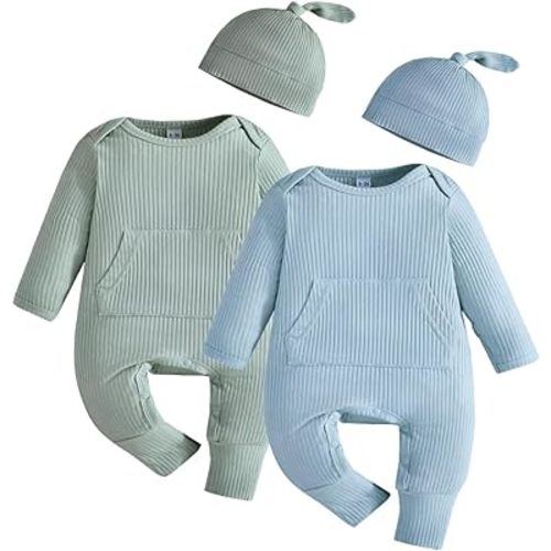 Bafeicao Newborn Baby Boy Girl Romper Ribbed Long Sleeve Jumpsuit with Hat Infant Coming Home Outfit Clothes Set