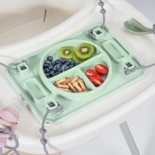 Platinum Food Grade Silicone Plates with Strong Suction for Baby & Toddlers, Baby Placemats with 4 Toy Straps to Secure Baby Essentials, Baby Led Weaning, Self Feeding, Dishwasher Safe (Green)