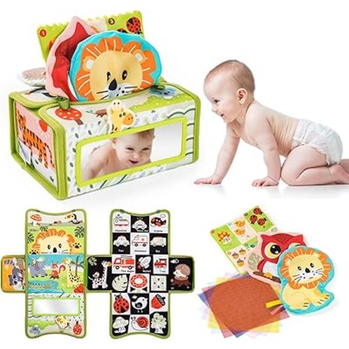 Jollybaby Mystery Tissue Box Toy for Baby 0-6-12 Month with Tummy Time Mirror Toy, Montessori Sensory Learning Toy for 1 Year Old Infant with Teether Crinkle Paper, High Contrast Toy for Newborn Gift