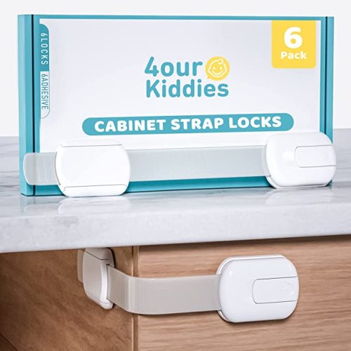 4our Kiddies Child Safety Cabinet Locks for Babies (6 Pack), Child Proof Latches for Cabinets and Drawers Doors, Baby Proofing Cabinet Strap Locks for Cupboard and Closet with 6 Pcs Extra 3M Adhesives