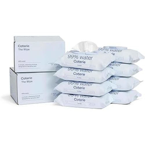 Coterie Baby Wipes for Sensitive Skin, Plant-Based and Plastic-Free Fibers, 99% Water, Hypoallergenic, pH Balanced, Unscented, Clean and Gentle Baby Essentials, 8 Pack, 448 Count