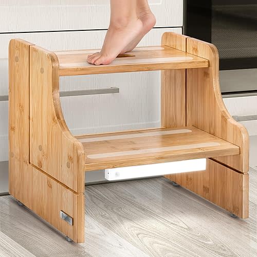 Kids Step Stool, 250lb Capacity - Sturdy, Safe and Durable, Toddler Step Stool for Toddlers, Bamboo Toddler Stool, Potty Training, Kitchen Wooden Stepping Stool with Auto Light (Natural)