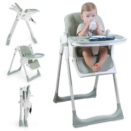 3 in 1 Baby High Chair with Wheels, Adjustable 5 Point Harness, Tray, Foot Rest, Backrest and Seat Height, Foldable High Chair for Toddlers, Green