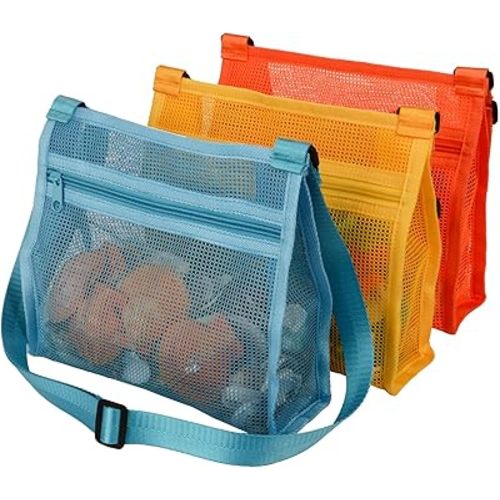 MUYIZI Mesh Beach Bag for Shells Collecting 3 Pack,Shell Bags for Beach, Beach Shell Bag for Kids, Sea Shell Bags for Picking Up Shells, Sand Toys Swimming Accessories for Boys and Girls