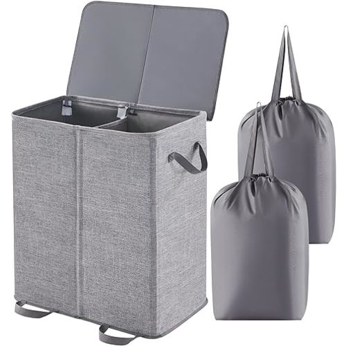 Lifewit Double Laundry Hamper with Lid and Removable Laundry Bags, Large Collapsible 2 Dividers Dirty Clothes Basket with Handles for Bedroom, Laundry Room, Closet, Bathroom, College, Grey - 136L