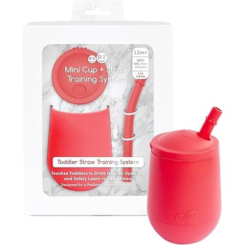 ezpz Mini Cup + Straw Training System - 9 Months+ (Coral) - 100% Silicone Training Cup for Infants + Toddlers - Designed by a Pediatric Feeding Specialist