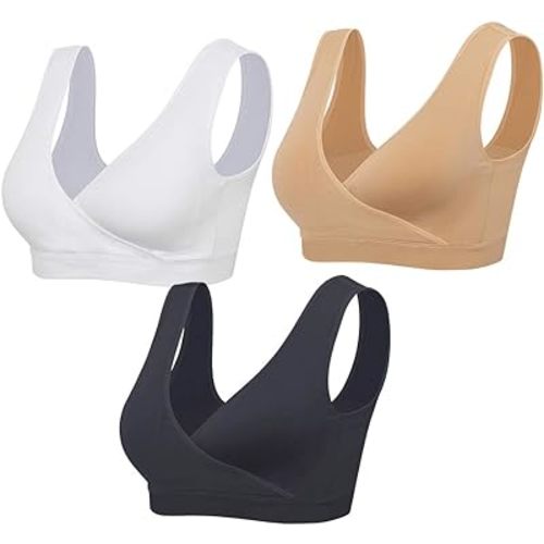 Nursing Sleep Bras Wirefree Maternity Breastfeeding Bras 3 Pack - XX-Large - Black&beige&white