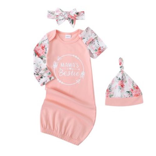 Kucnuzki Newborn Baby Girls Sleeping Bag 0-3 Months Round Neck Long Sleeves Nightgown Letter Print Romper Floral One-piece Overalls with Headband and Hat 3pcs Pink