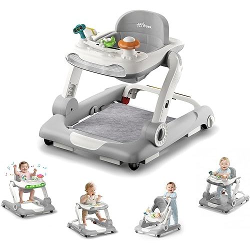 Baby Walker with Wheels, 5 in 1 Walker for Baby Boy Girl with Bouncer, Music and Lights Baby Jumper Activity Center, Adjustable Height, Push Walker for Ages 7-18 Months Toddler (Gray)