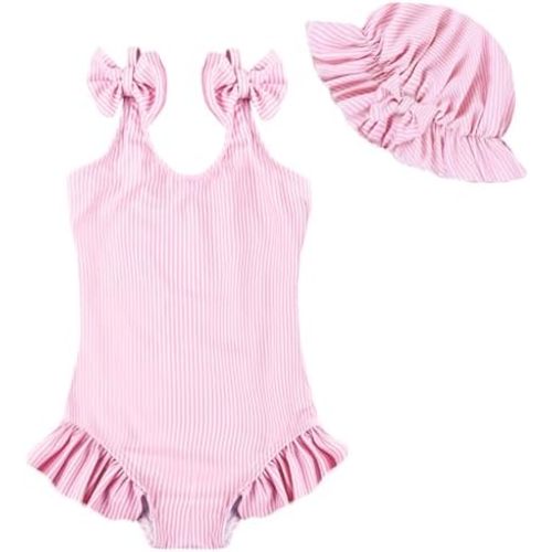 Toddler Baby Girl Swimsuit One-Piece Swimwear Baby Girl Bathing Suits with Hat 18M-6T