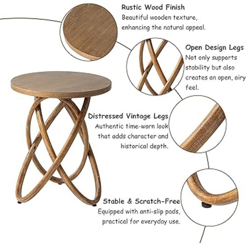 Round End Table Farmhouse Wood Side Table Rustic Plant Stand with Intertwined Line Design for Living Room, Office, Walnut