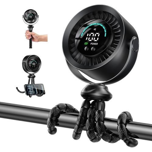 KIMMOO Portable Baby Stroller Fan, 360° Adjustable Quiet Rechargeable USB Fan with LED Display, 100 Speeds Safe Clip Fan for Stroller, Powerful Cooling Fan for Golf Car Seat Treadmill Travel, Black