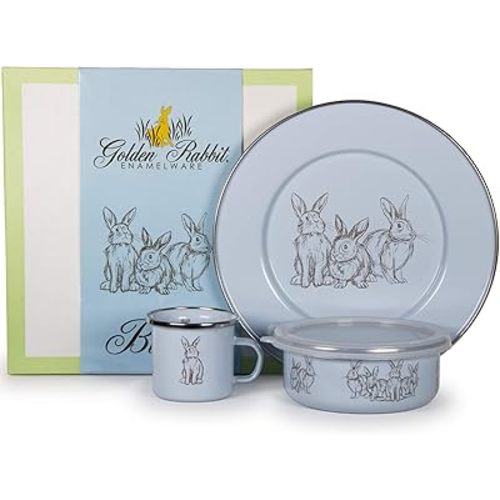 Golden Rabbit Enamelware Child Dinnerware Set: Plate, Mug and Bowl with Lid, Blue Bunnies